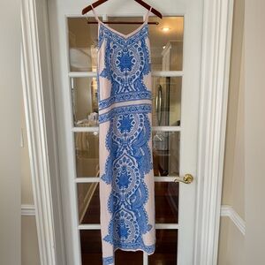 Mediterranean Blue Pink Damask Maxi Dress Spaghetti Strap Euro Summer Vacay S